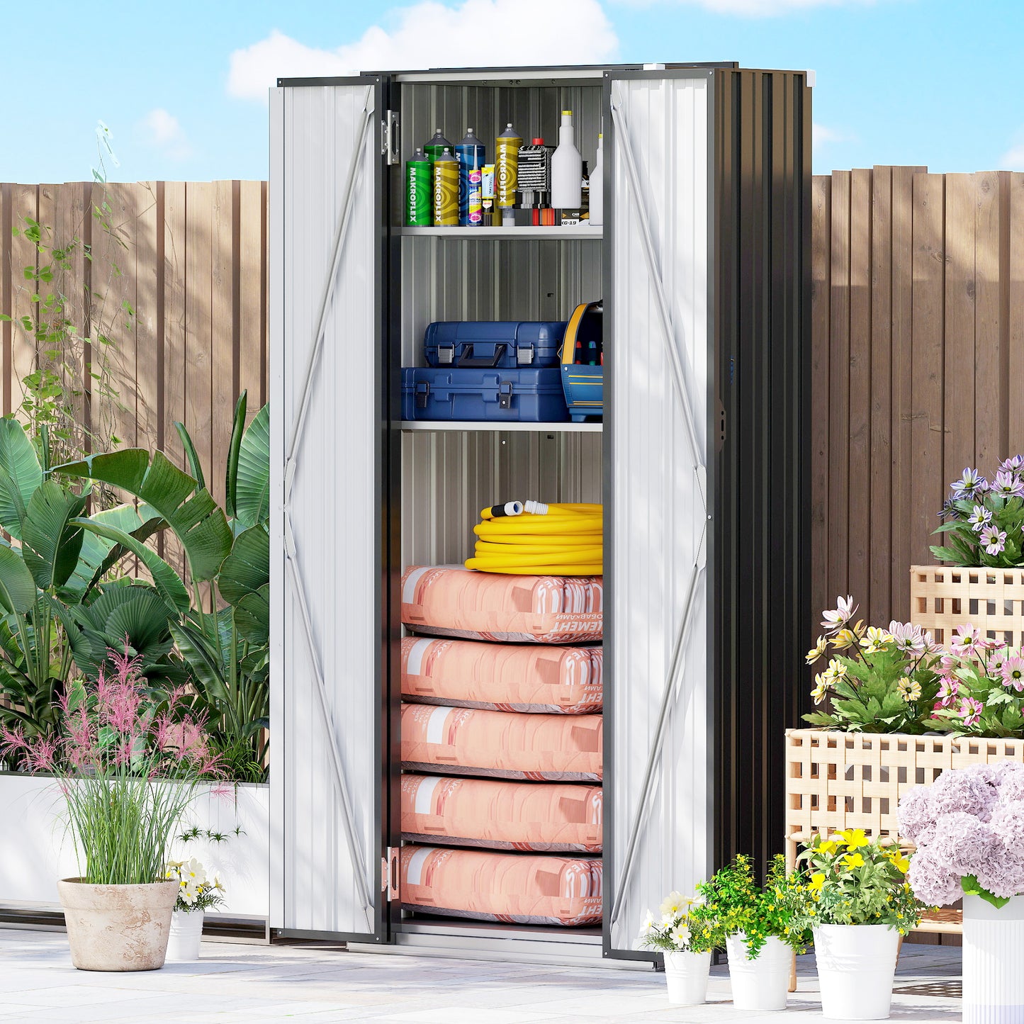 Outdoor Storage Shed with Adjustable Shelves Metal Garden Shed with Double Doors for Patio Balcony Garage