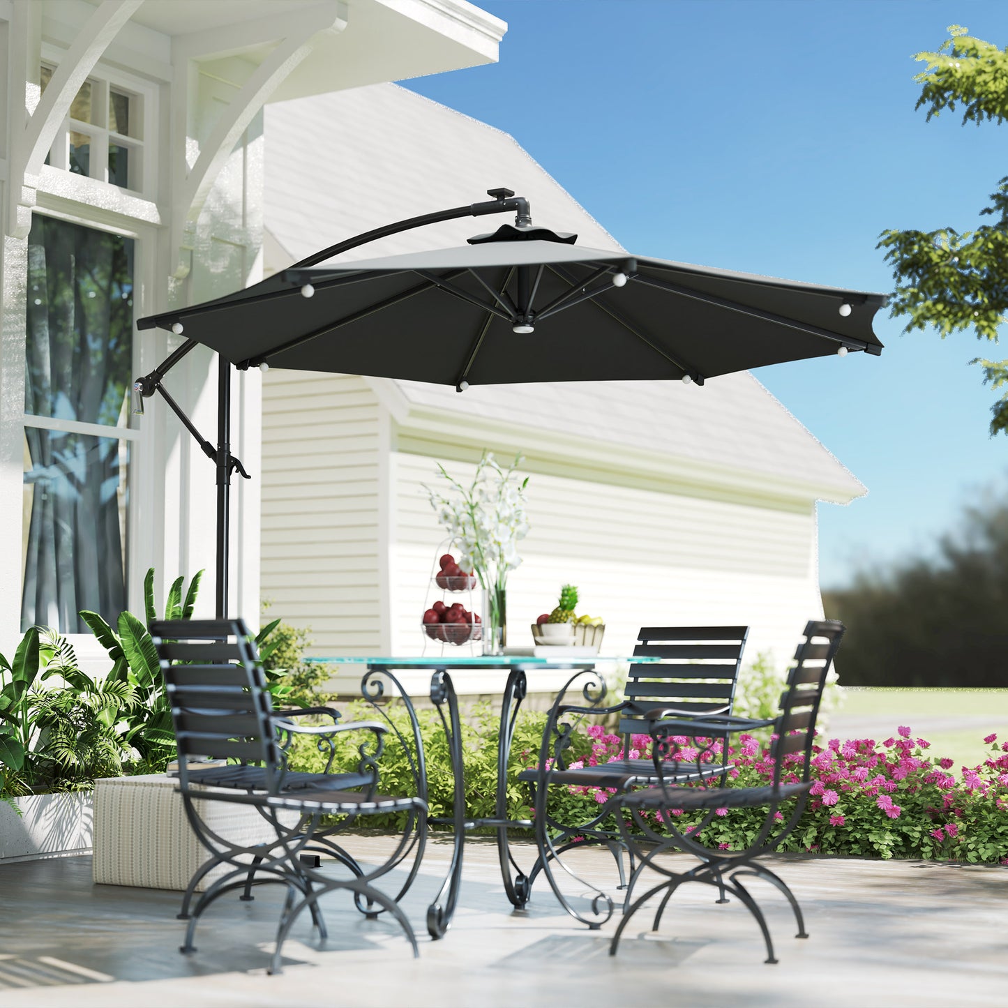 8.8FT Cantilever Patio Umbrella with Solar Powered LED Lights, Crank Handle, Cross Base for Outdoor Sun Shade, Grey