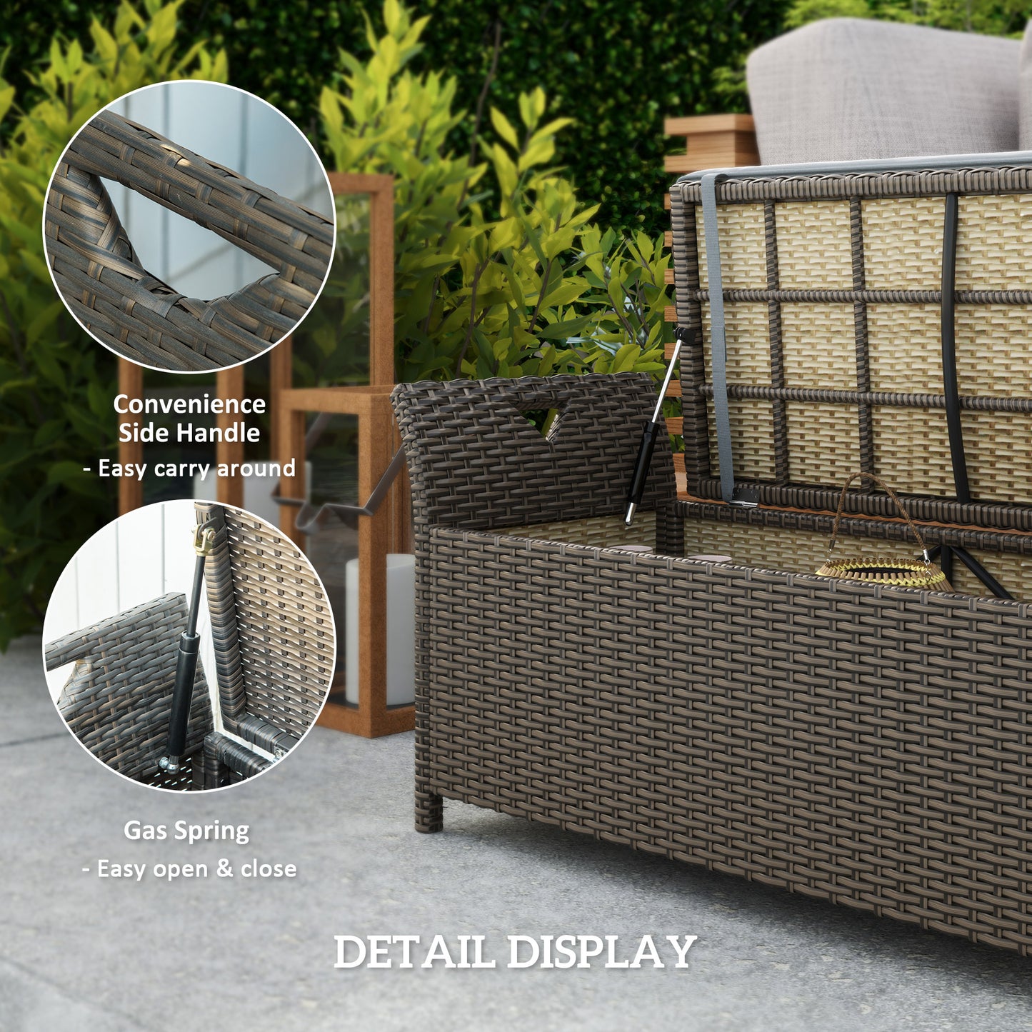 2-In-1 Outdoor PE Rattan Storage Bench, 29 Gallon Patio Wicker Furniture, Basket Box with Handles and Cushion Dark Grey