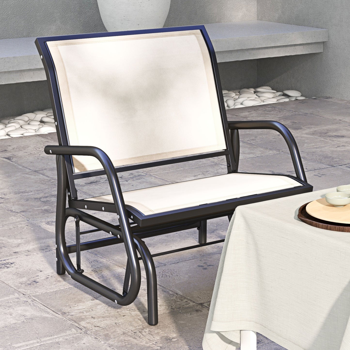 Patio Glider Outdoor Glider Chair with Breathable Mesh Seat & Backrest, Armrests and Metal Frame, Cream White