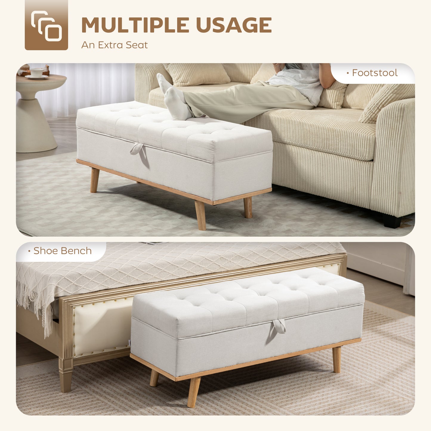 Storage Ottoman Bench, Foot Rest with Lift-Up Lid and Wood Legs, Linen Storage Chest for Living Room, Cream White