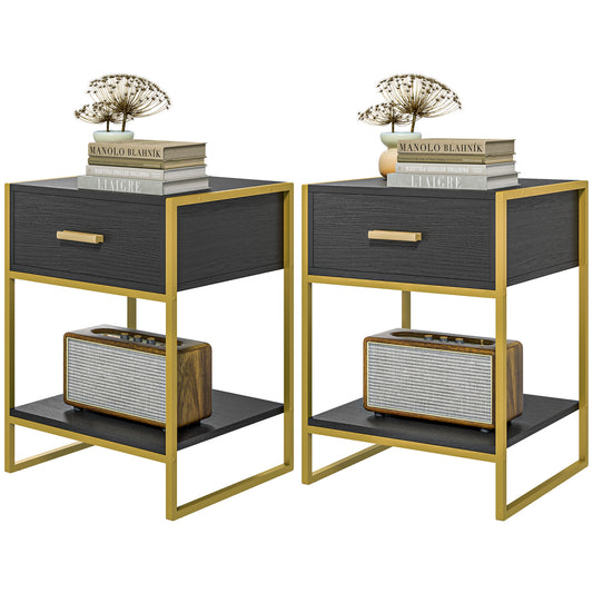 Nightstand Set of 2 with Drawer and Shelf - Black
