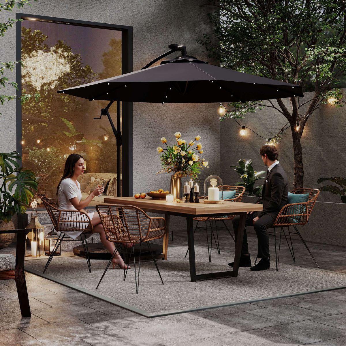 9.5' Dark Grey Offset Parasol with Solar LED Lights