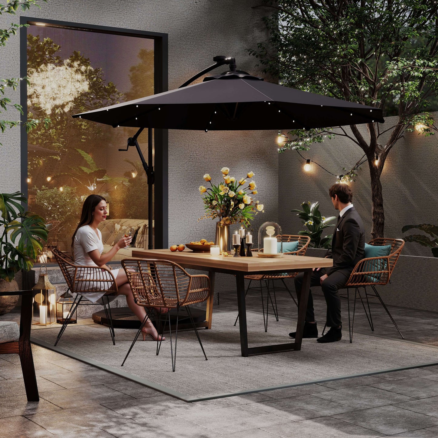 9.5' Dark Grey Offset Parasol with Solar LED Lights
