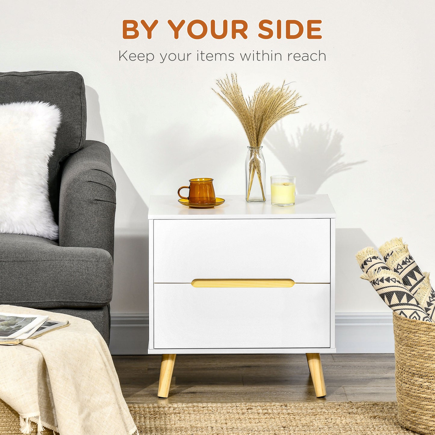 Nightstand, Bedside Table with 2 Drawers, Modern Side End Table with Solid Wood Legs for Bedroom, White