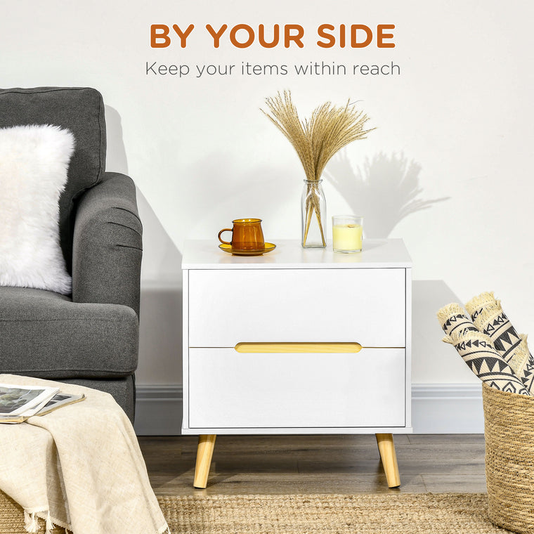 Nightstand with 2 Drawers and Wood Legs - White