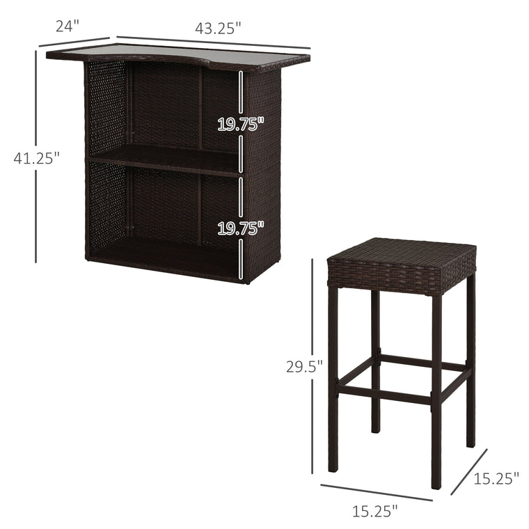 5-Piece PE Rattan Bar Set with Glass Top Table - Dark Brown