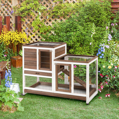 Brown Wooden Rabbit Hutch with Wheels & Pull-Out Trays
