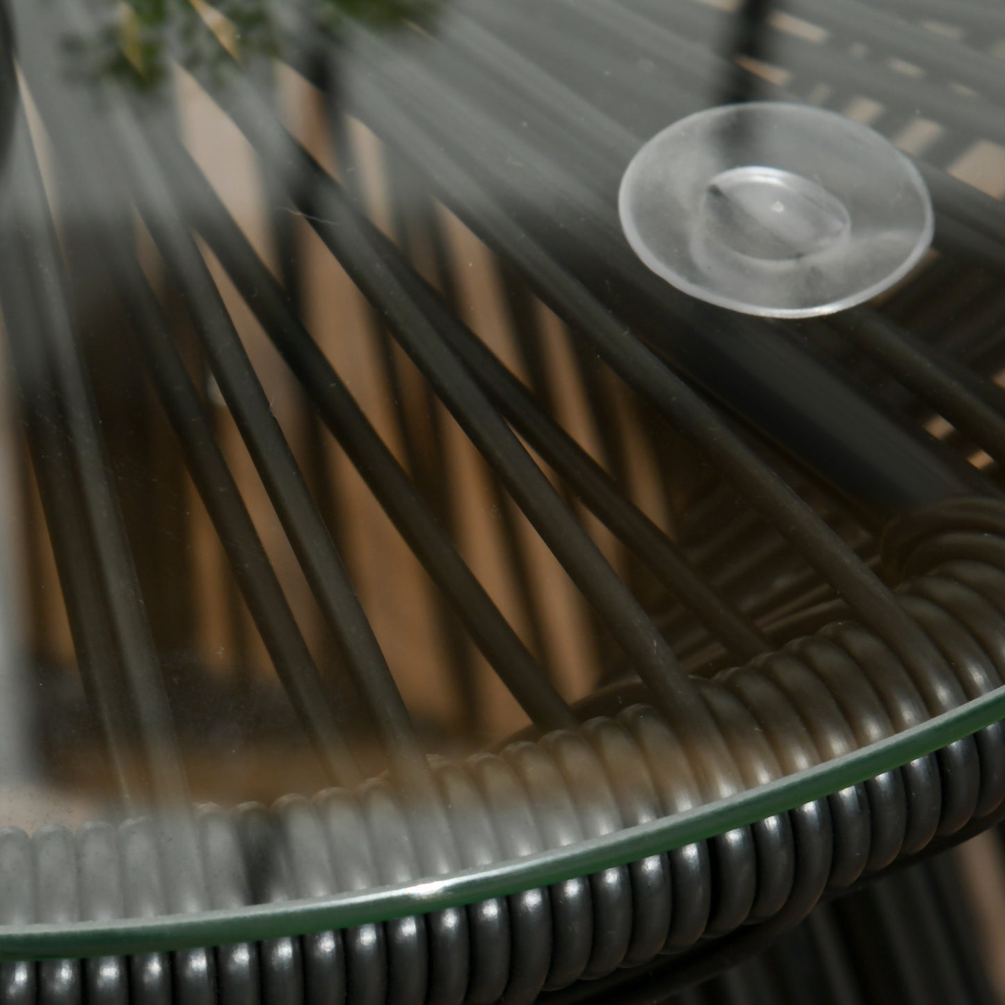 Round End Table, Rattan Side Table, Hollow Drum Design Coffee Table w/ Glass Top for Patio, Garden, Balcony, Dark Grey