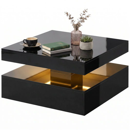 2-Tier LED Coffee Table with Open Shelf and Remote - Gloss Black