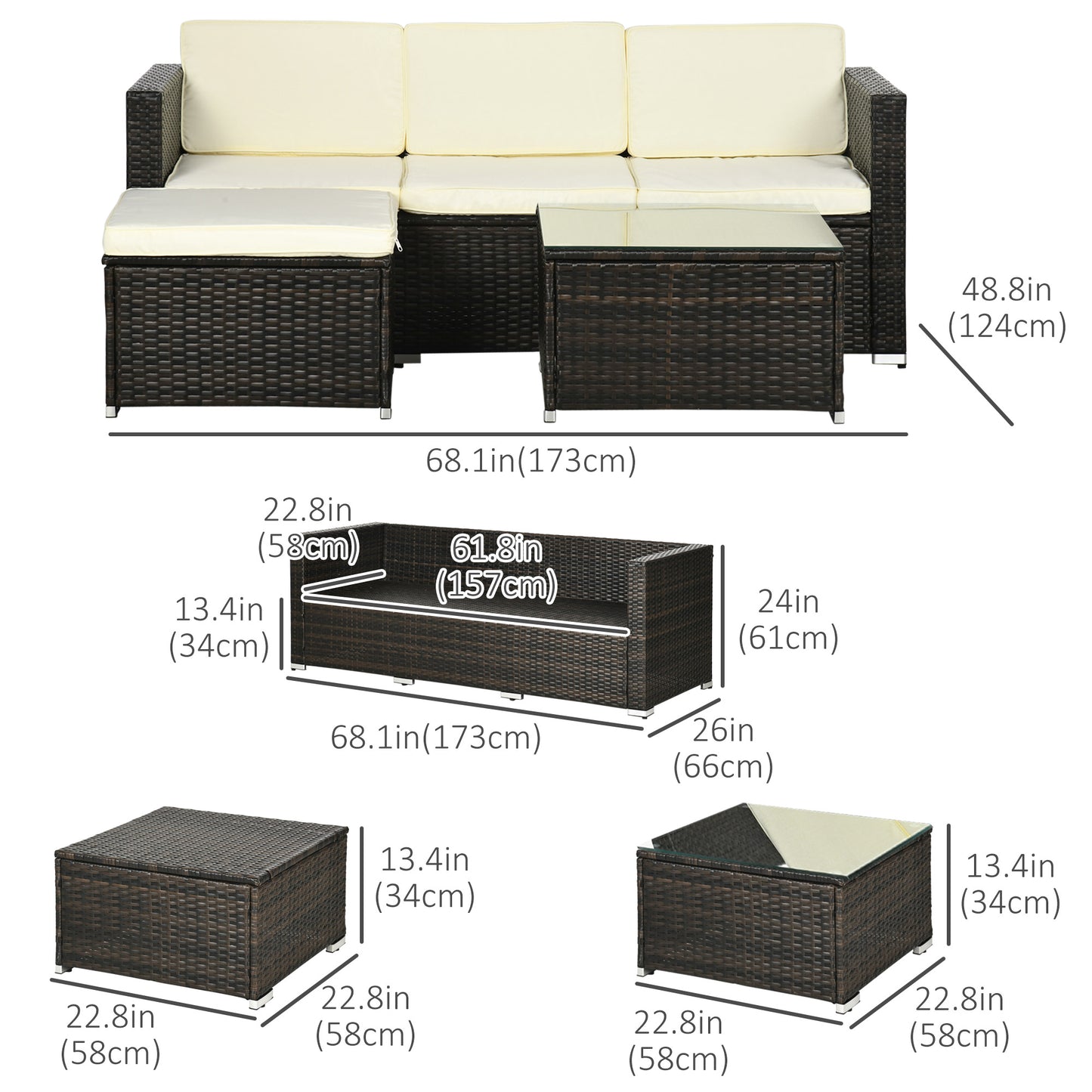 3 Pieces Patio Furniture Set with Cushions, Outdoor PE Rattan Wicker Conversation Corner Sofa Set with Glass Top Table and Adjustable Foot for Garden, Lawn, Cream White