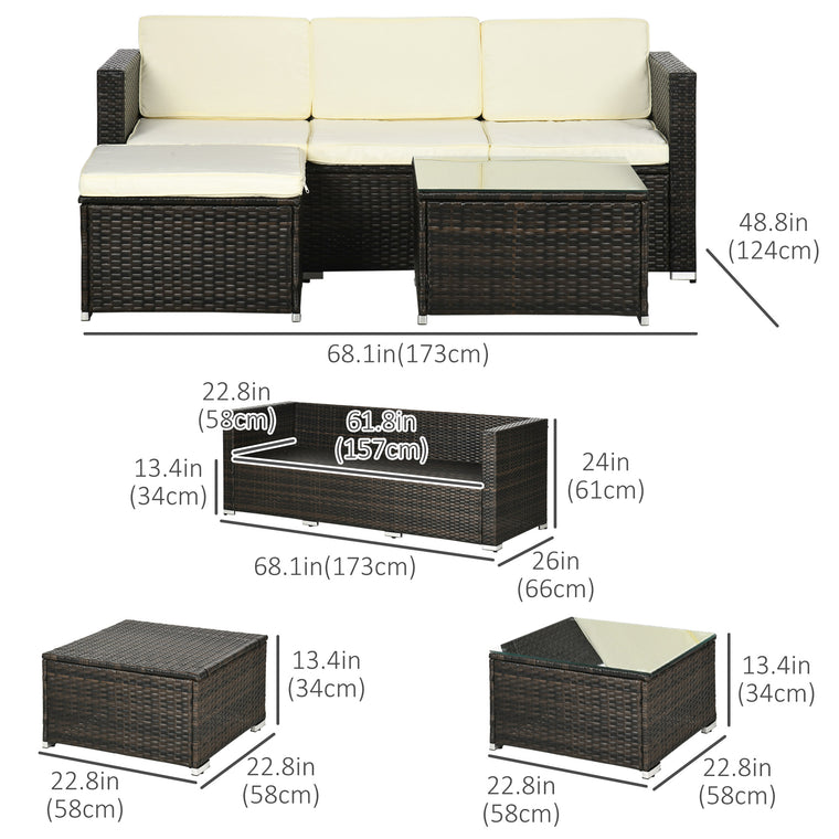 Cream White 3-Piece Rattan Sofa Set with Glass Table