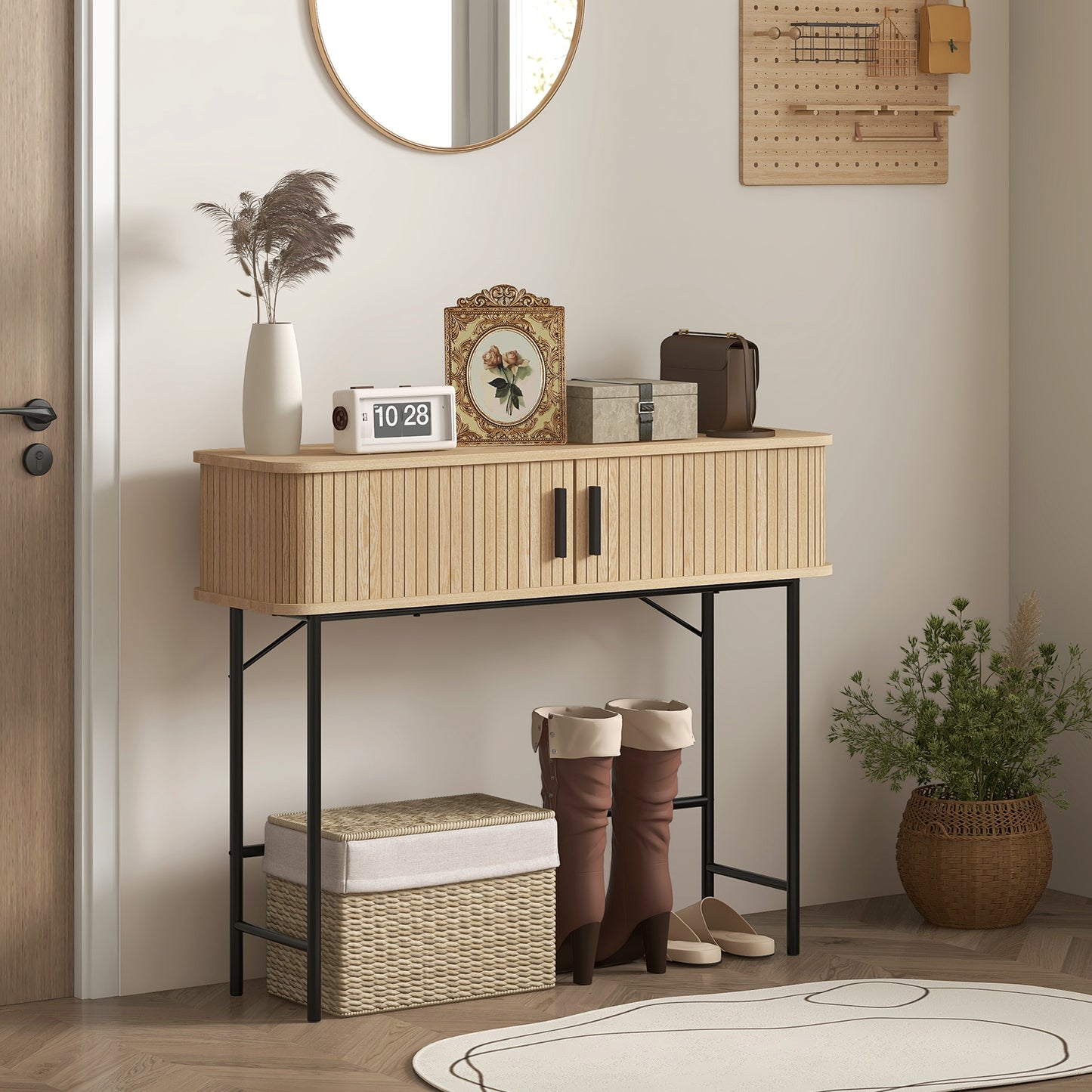 Mid-Century Entryway Table, Narrow Console Table with Storage Compartments for Behind Couch, Living Room, Oak and Black