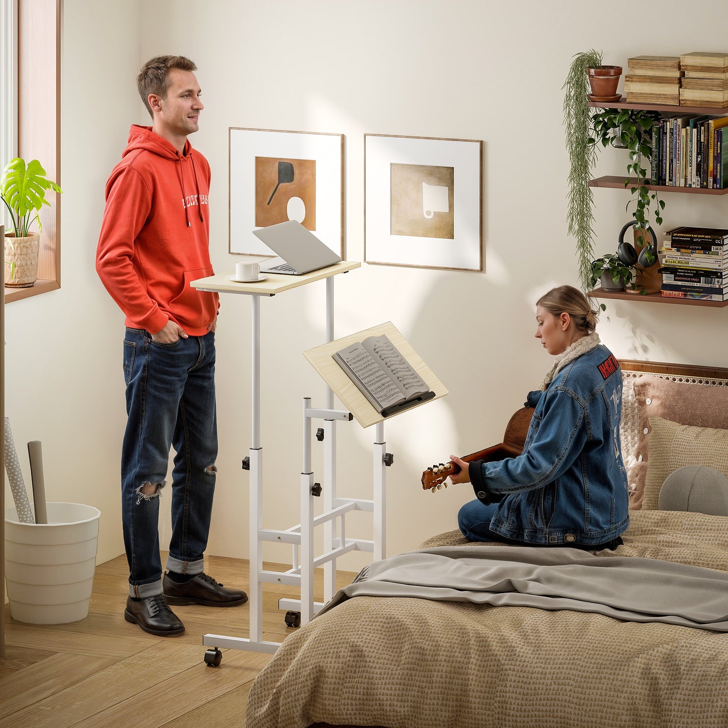 Stand Up Desk, Height & Angle Adjustable Computer Desk with Wheels for Standing or Sitting, Laptop Table, Natural