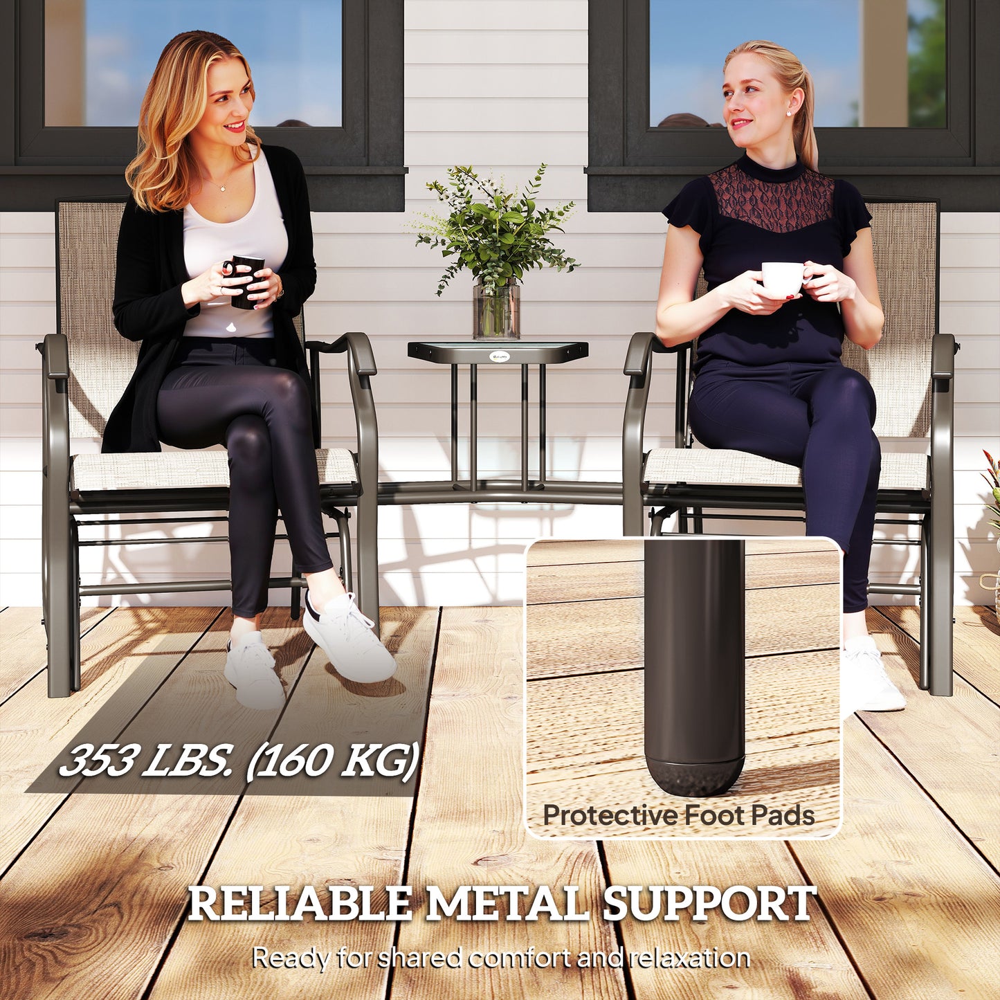 Double Patio Glider Chair with Glass Top Center Table, Outdoor Glider Loveseat with High Back, All Weather Breathable Mesh Fabric for Garden, Backyard, Deck, Light Brown