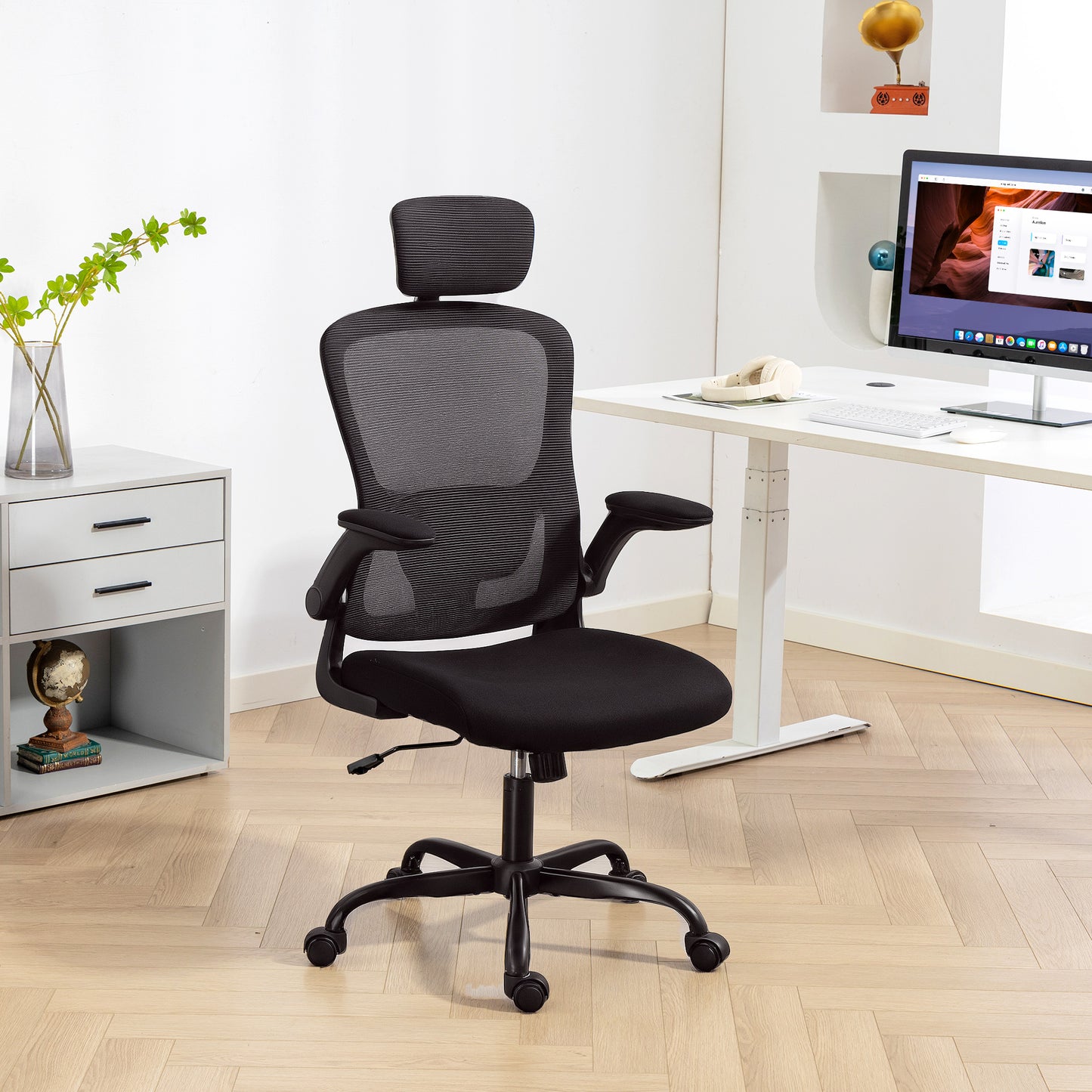 Ergonomic Office Chair, Mesh Desk Chair with Adjustable Headrest, Lumbar Support and Height, Flip-Up Armrests, Black