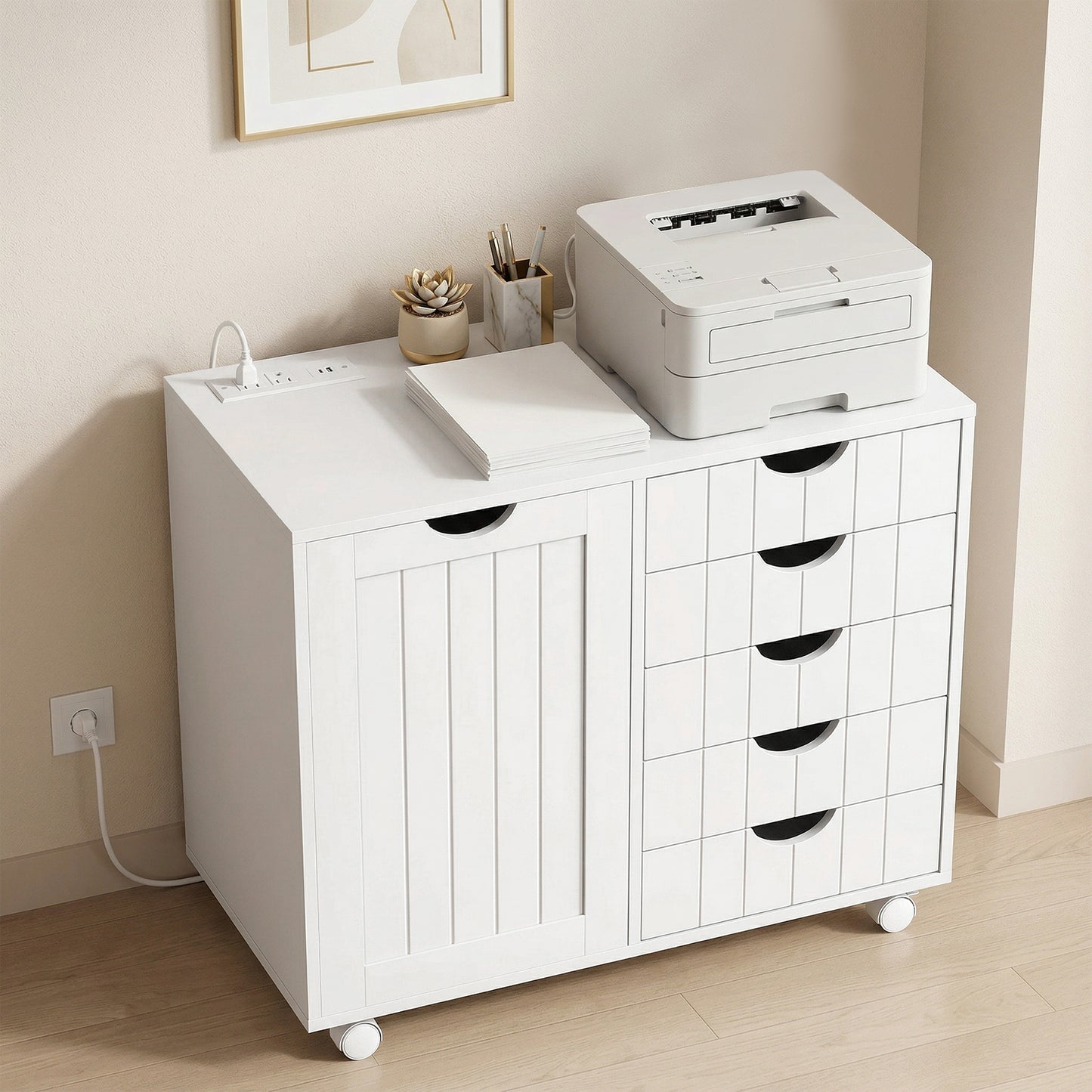 Mobile Lateral Filing Cabinet with 5 Drawers, Printer Stand with Power Outlets and USB Ports for Home Office, White