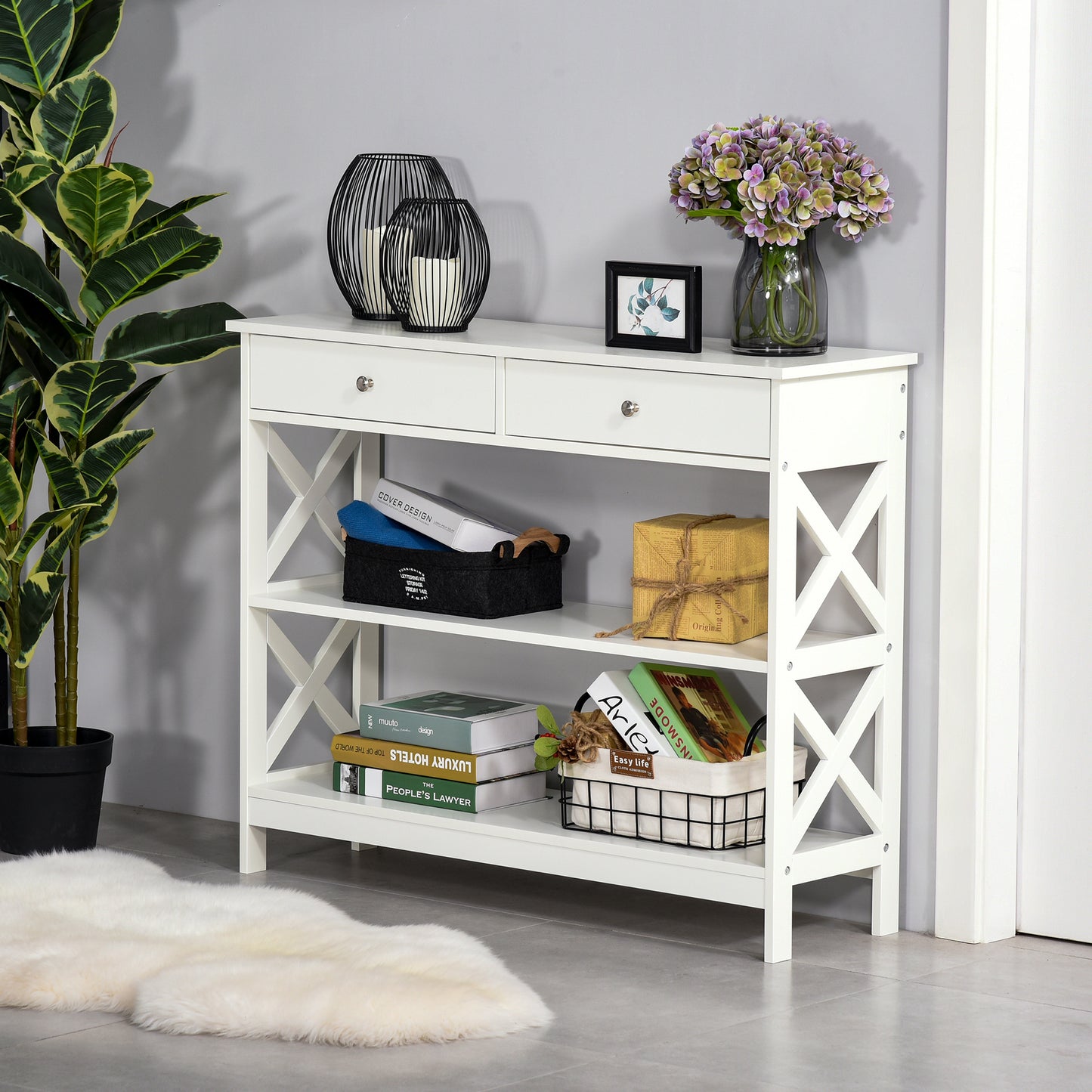 39" Console Table, Narrow Entryway Table with Storage Shelves, Drawers and X Frame for Behind Couch, Living Room, Hallway, White