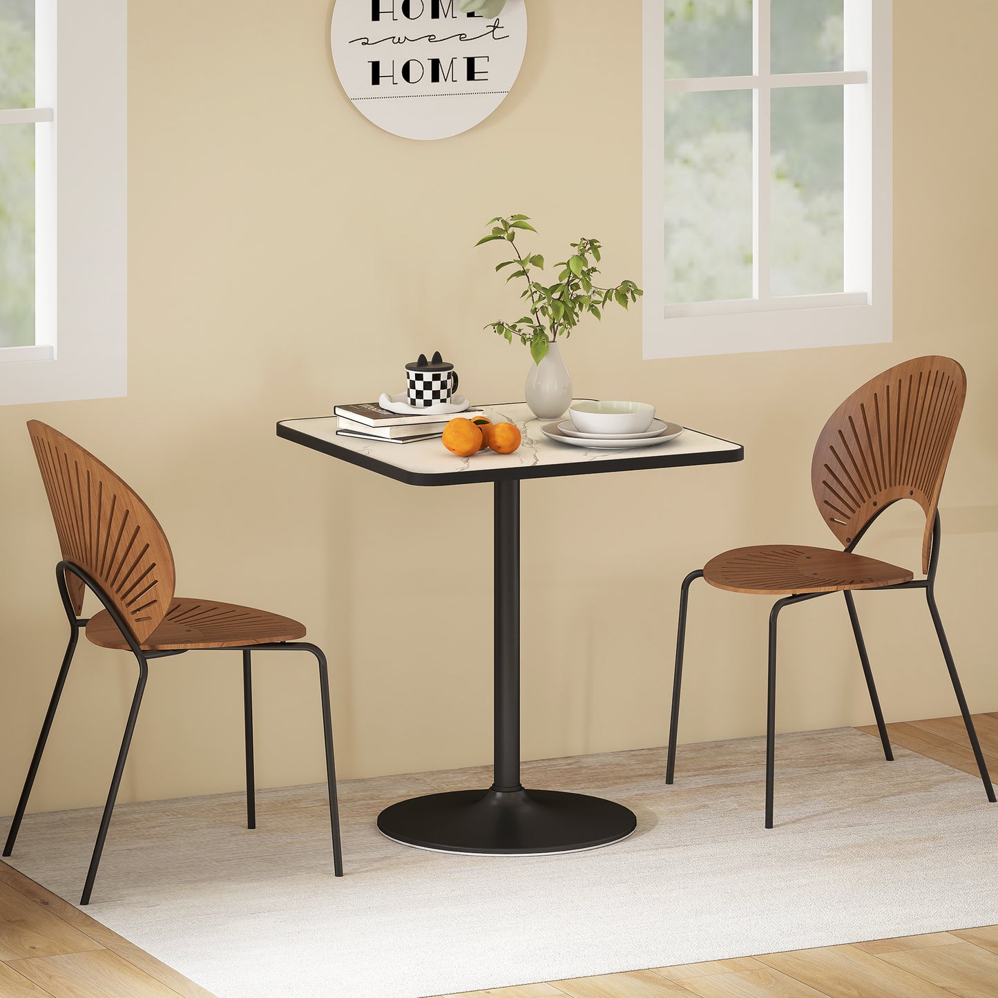 Dining Table for 4, Modern Kitchen Table with Marble Effect Tabletop and Round Base, White