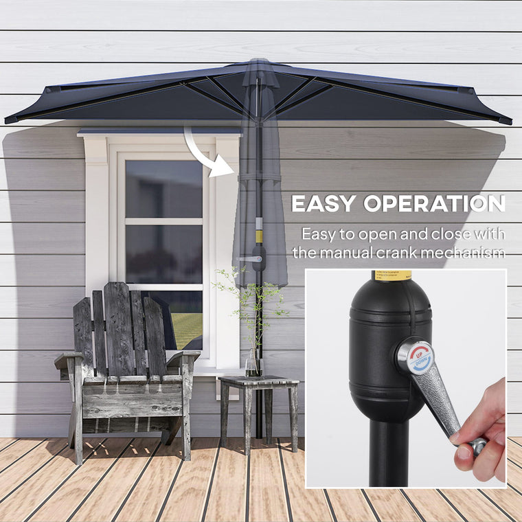 9.8' Dark Blue Half-Round Patio Umbrella with Crank Handle