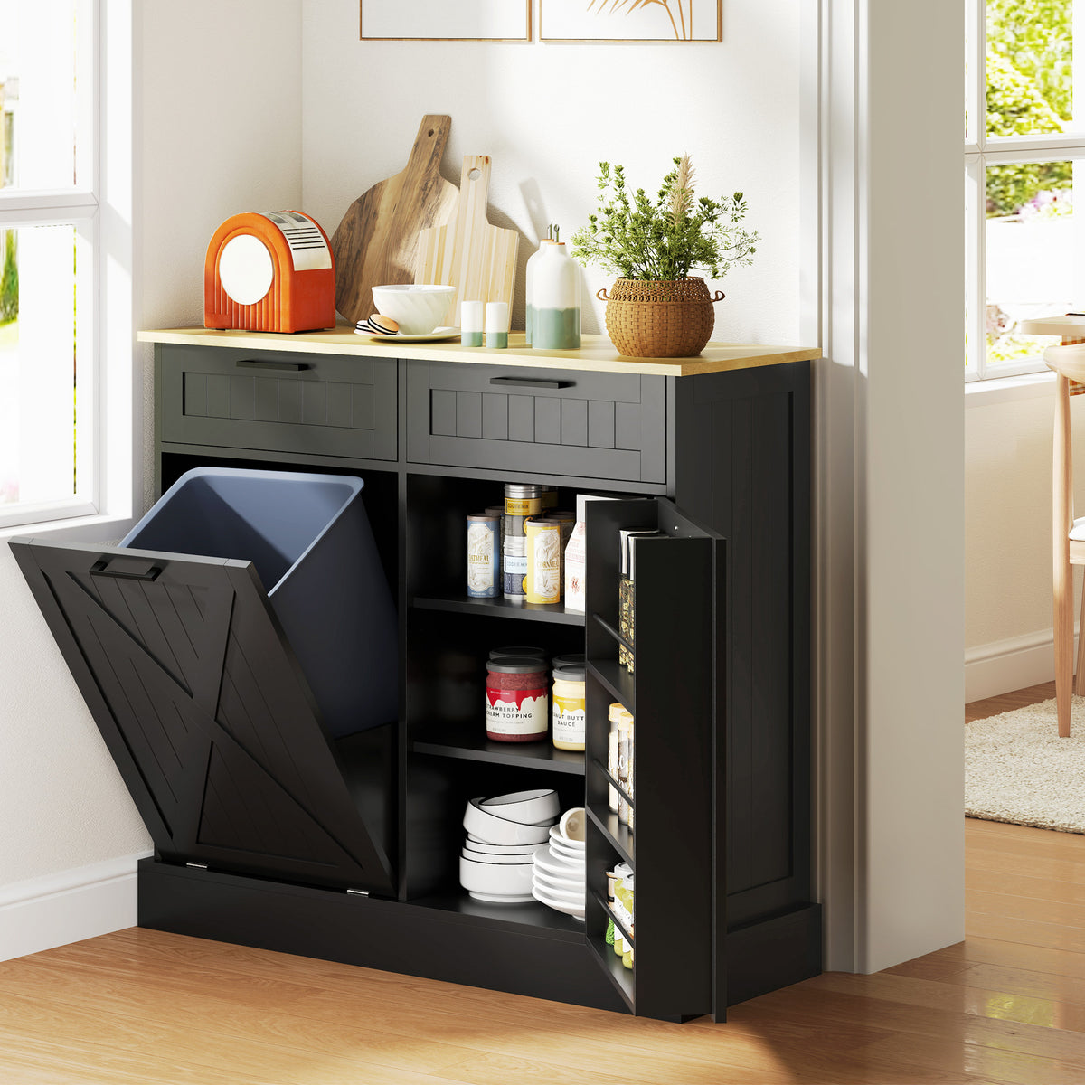 10 Gallon Hidden Garbage Bin Cabinet, Tilt Out Trash Cabinet w/ 2 Drawers, Freestanding Kitchen Island, Black