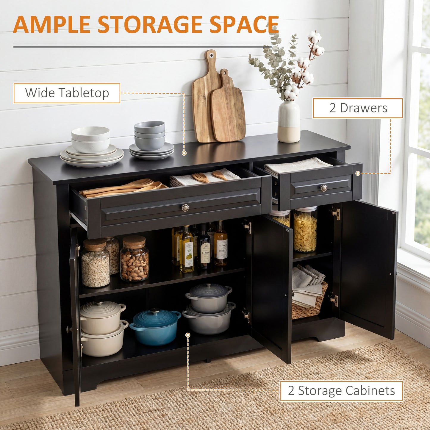 Modern Sideboard Cabinet, Buffet Cabinet with 2 Drawers and Adjustable Shelves, Buffets Tables for Dining Room, Black
