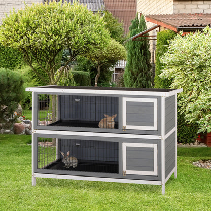 2-Tier Grey Wooden Bunny Pet House with Coop Run