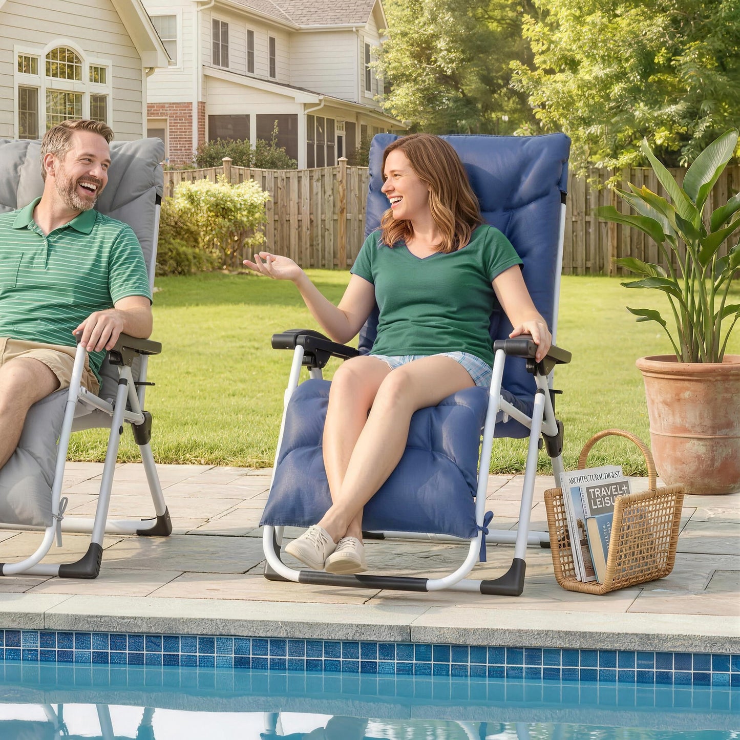 Reclining Zero Gravity Chair with Adjustable Backrest, Folding Garden Sun Lounger, Outdoor Recliner with Removable Cushion and Headrest, Dark Grey - Blue