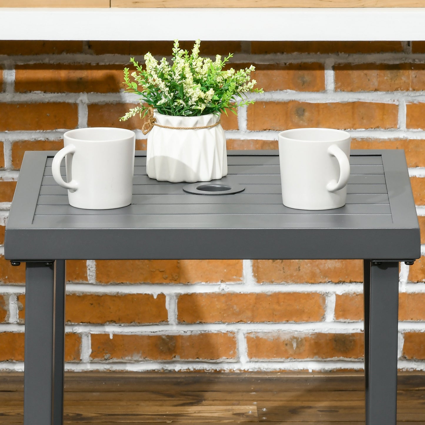 Outdoor Side Table, Patio End Table with Umbrella Hole, Small Coffee Table with Steel Frame for Balcony, Black