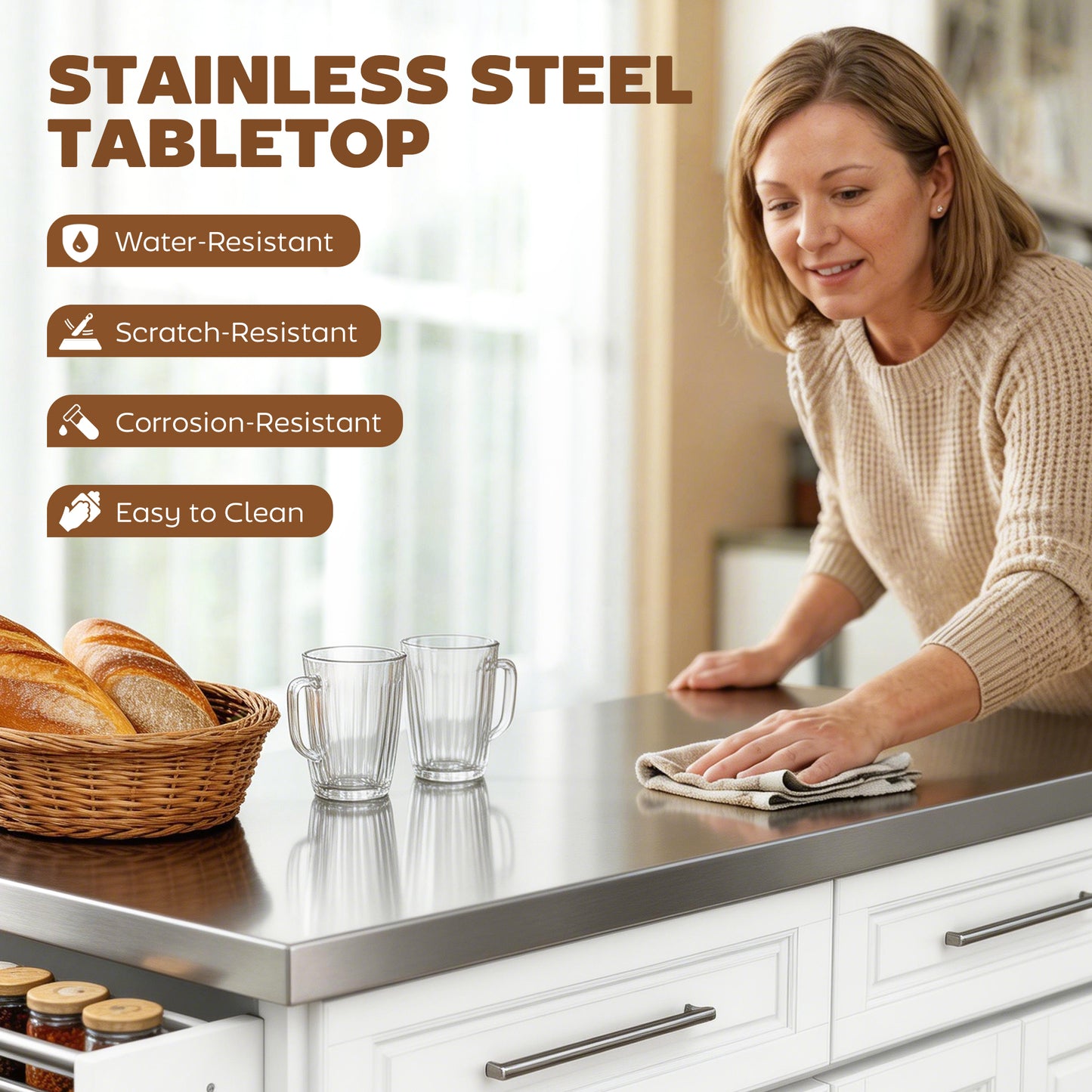 Rolling Kitchen Island with Storage and Stainless Steel Top, Kitchen Trolley with Drawers, Cabinets, Towel Rack