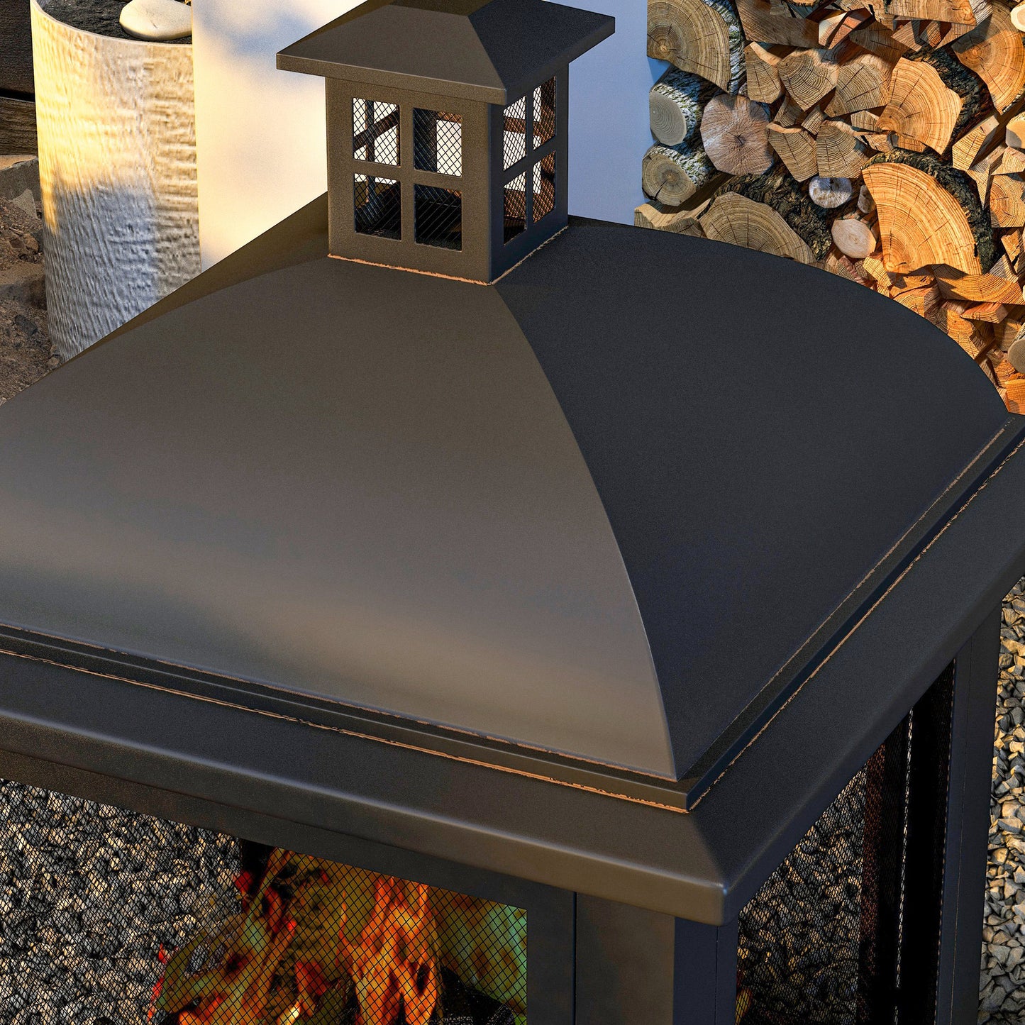 Wood-Burning Fire Pit, Chimney Style Firepit with Poker, 26" x 26", Black