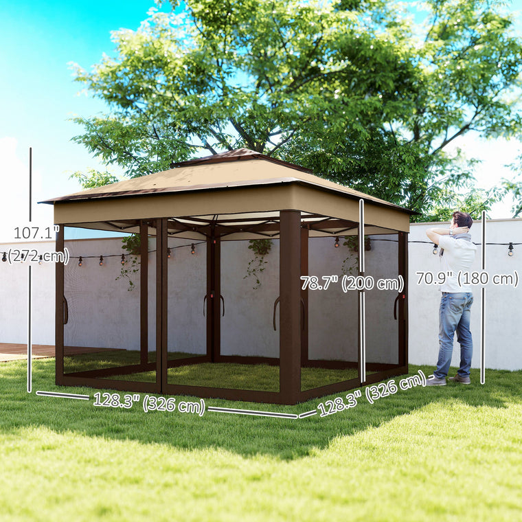 10.7' x 10.7' Beige Pop-Up Gazebo with Mesh Curtains