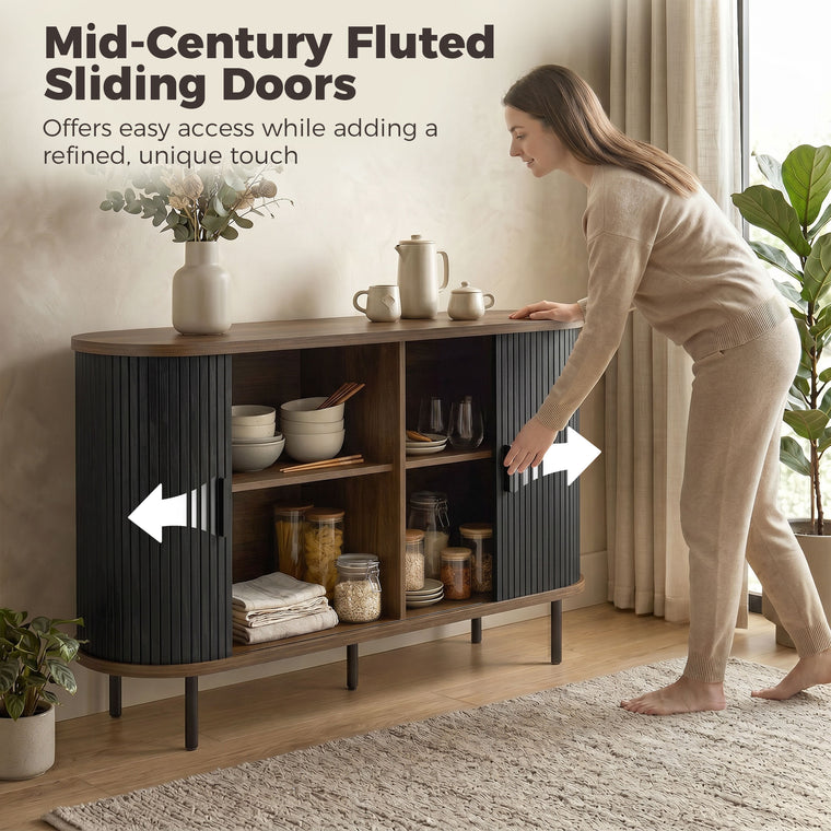 55" Mid-Century Fluted Sideboard with Sliding Doors