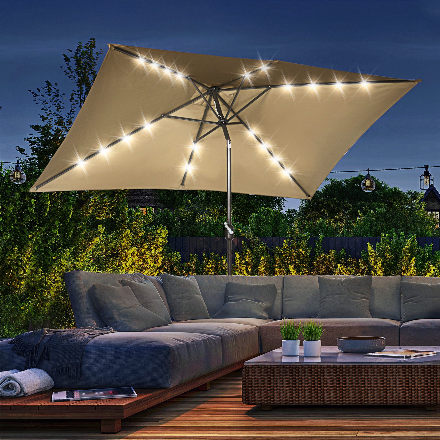 6.5x10ft Patio Umbrella Rectangle Solar Powered Tilt Aluminum Outdoor Market Parasol with LEDs Crank (Light Coffee)