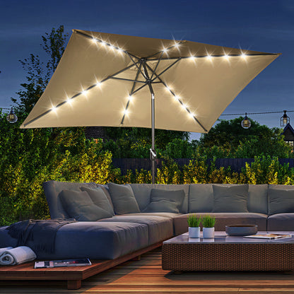 6.5x10ft Light Coffee Aluminum Market Parasol with Solar LEDs