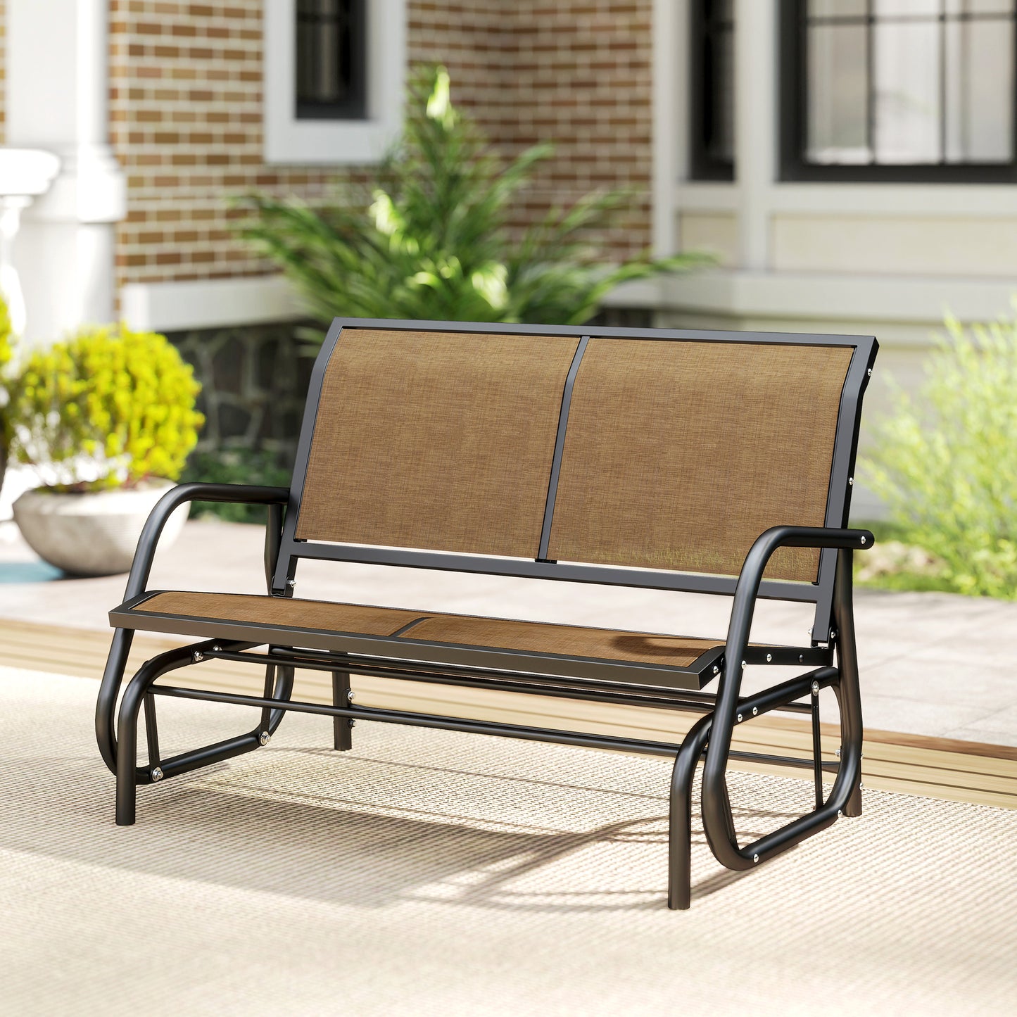 Outdoor Glider Bench, 2 Person Patio Glider Chair, Gliding Outdoor Garden Loveseat Swing Bench with Breathable Mesh Fabric, Steel Frame for Backyard, Porch, Brown