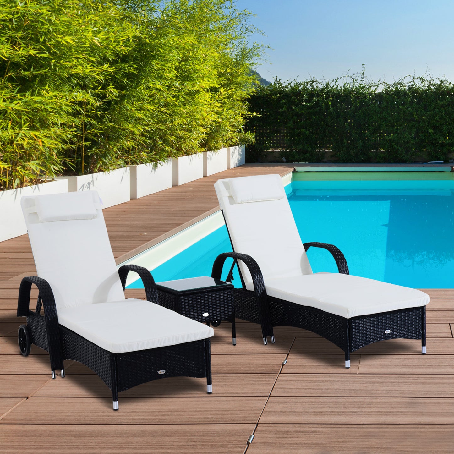 3 Pieces Wicker Patio Lounger Set with Table, Rattan Outdoor Lounge Chair Set with Cushions, Wheels, 5-Level Reclining Backrest, Headrest, Brown/Grey