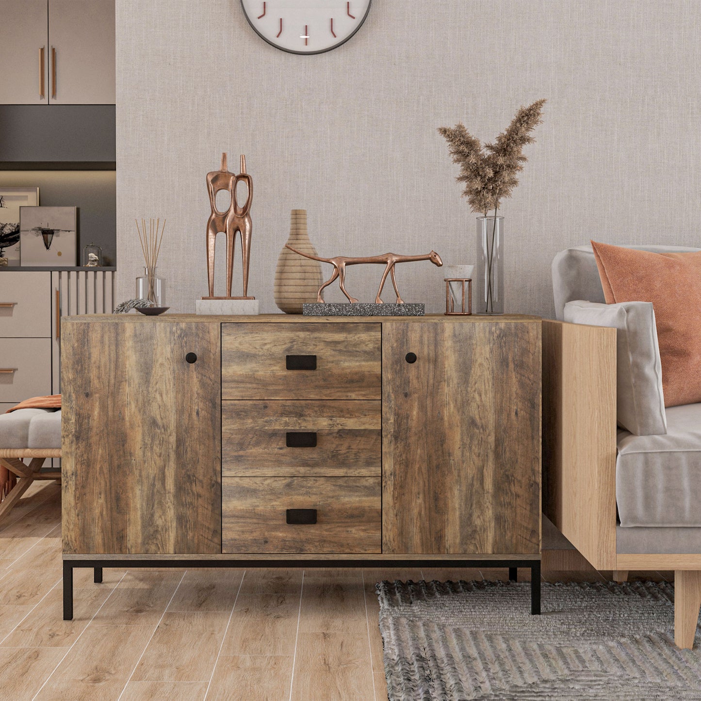 Industrial Sideboard Buffet Storage Cabinet Cupboard with 2 Doors, 3 Drawers and Shelves for Dining Room, Living Room, Brown
