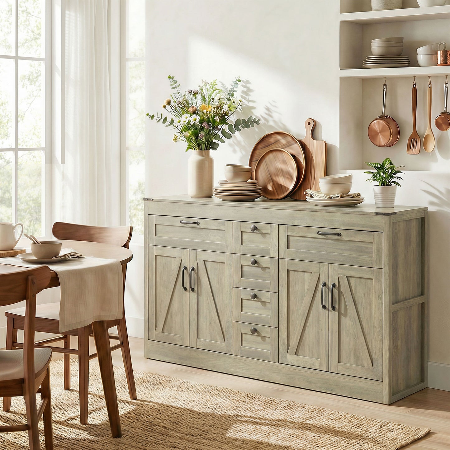 Sideboard Buffet Cabinet, 55" Farmhouse Kitchen Cabinet with 4 Barn Doors, 6 Drawers and 2 Adjustable Shelves, Grey