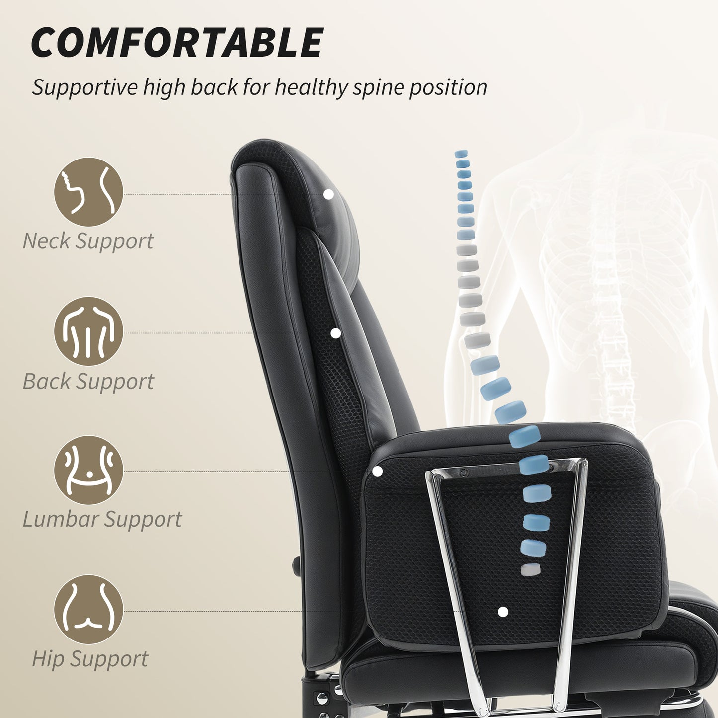 Reclining Office Chair, Overstuffed Executive Desk Chair with High Back, PU Leather, Footrest, Swivel Wheels, Black