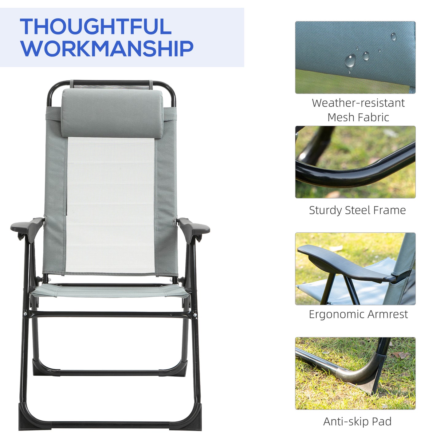 Set of 4 Camping Chairs, Outdoor Folding Lounge Chair Set with 5 Level Adjustable Backrest, Removable Headrest, Armrest for Camping, Backyard, Grey