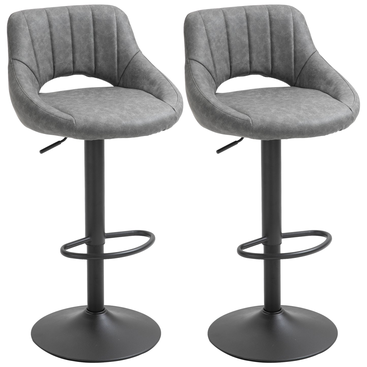 Bar Stools Set of 2, Swivel Counter Height Barstools with Adjustable Height and Cutout Back, Faux Leather Upholstered Bar Chairs with Round Metal Base and Footrest, Grey