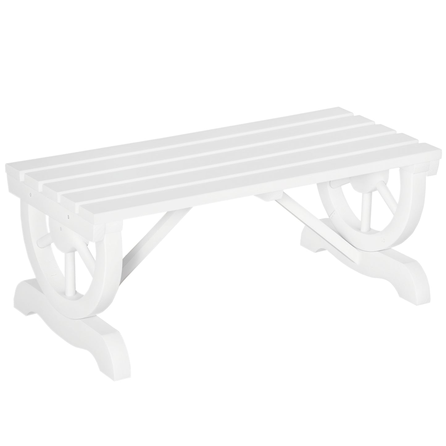 Rustic Wood Wheel Outdoor Garden Bench for 2-Person with a Unique Wheel Design on the Legs & Strong Build, White