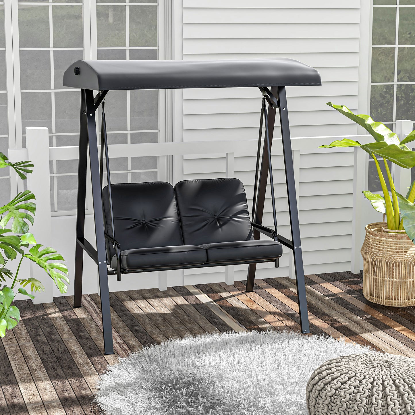 2-Seater Outdoor Porch Swing with Adjustable Canopy, Patio Swing Chair for Garden, Poolside, Backyard, Dark Blue - Black