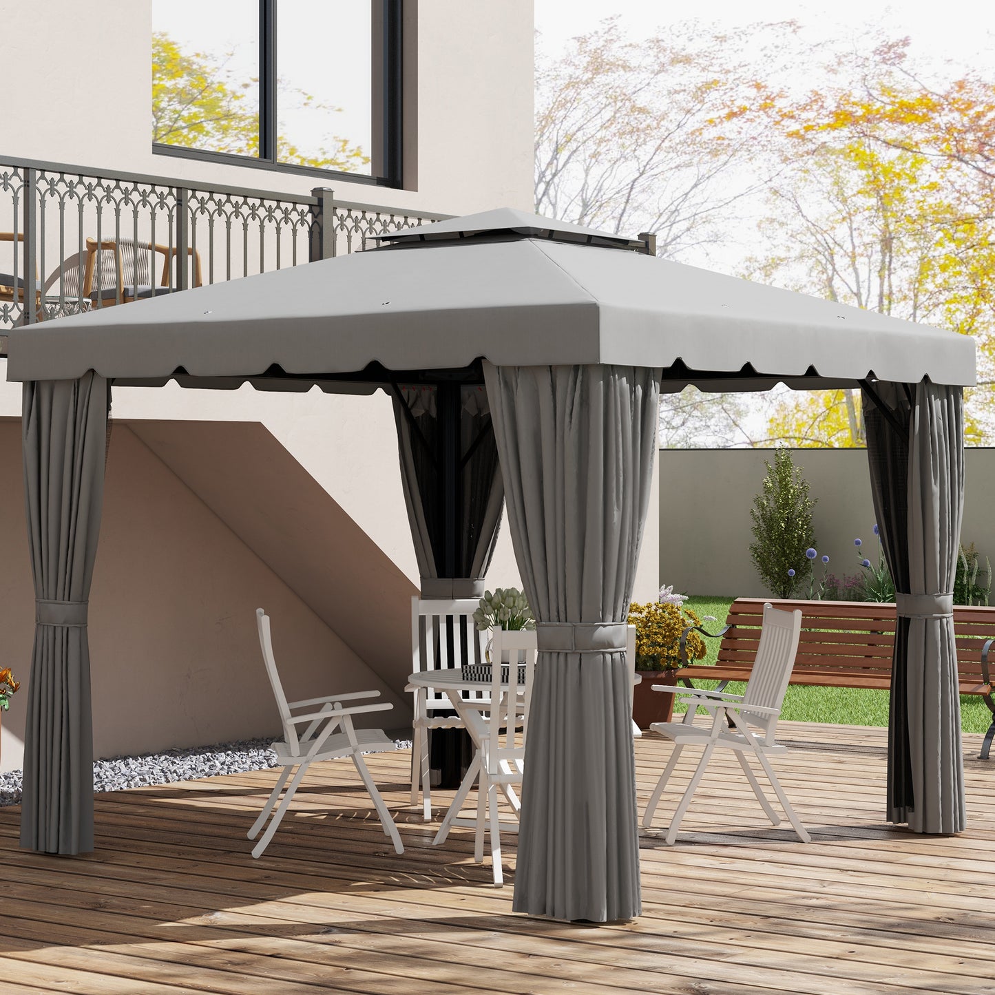 10' x 10' Outdoor Patio Gazebo Double Soft-top Garden Shelter Tent with Curtains, & Mesh Screen Drapes, Light Grey