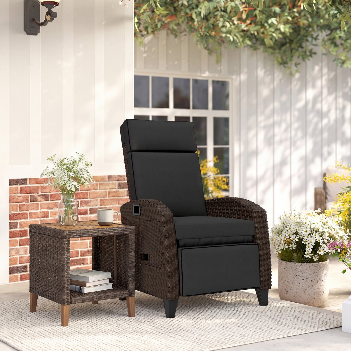 Outdoor Recliner Chair with Adjustable Backrest, Cushion, Side Tray, Black