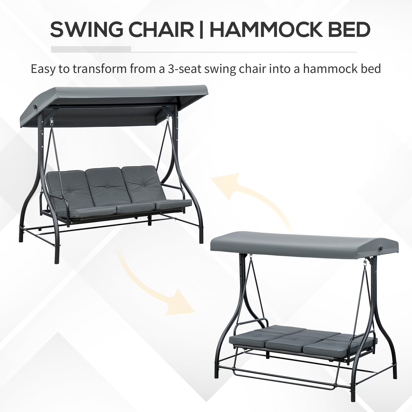 Convertible Patio Swing Bed with Canopy and Cushions, 3 Seater Porch Swing for Outdoor, Backyard, Garden, Beige