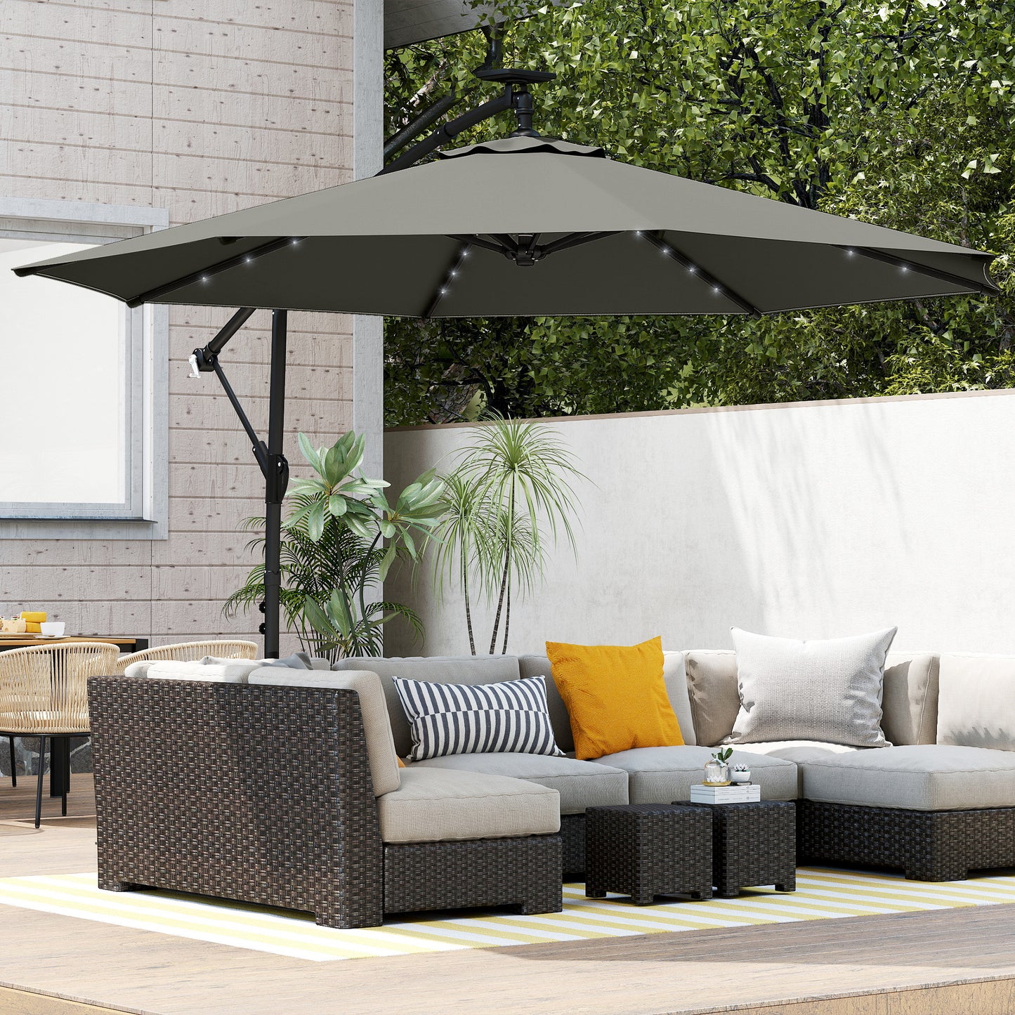 9.7 ft Cantilever Patio Umbrella with Solar Light, Garden Hanging Parasol with Cover, Tilt, Crank, Grey