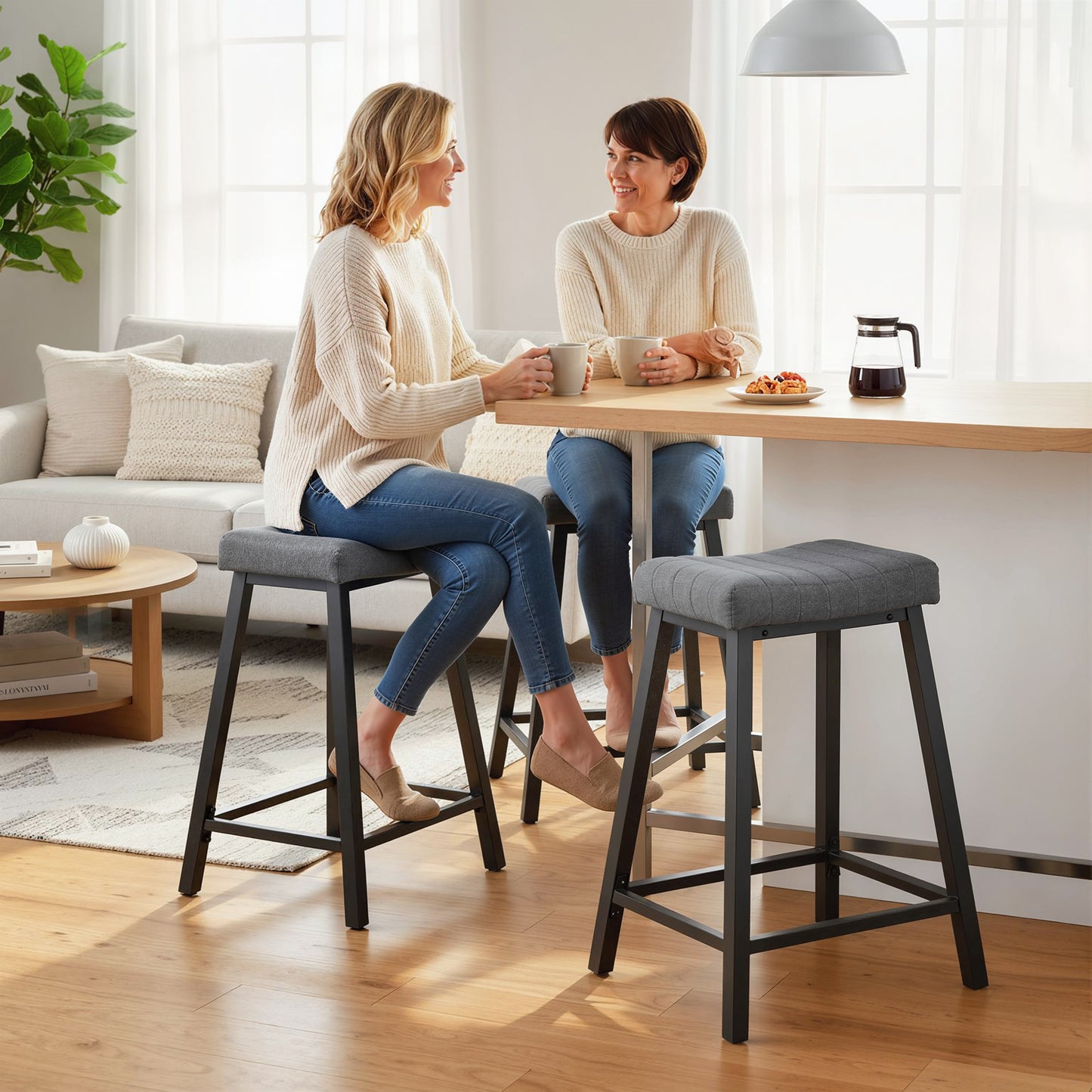 Set of 3 Bar Stools, Velvet Upholstered Counter Stools with Curved Seat and Footrest for Kitchen Island, Grey