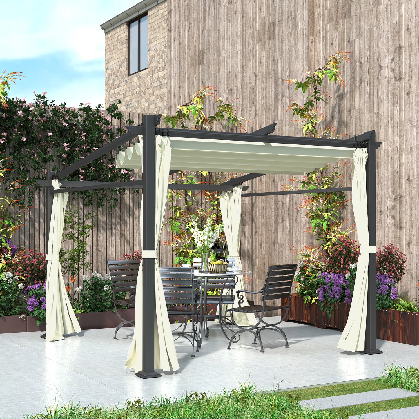 Metal Pergola with Sliding Roof Canopy, Retractable Pergola Canopy